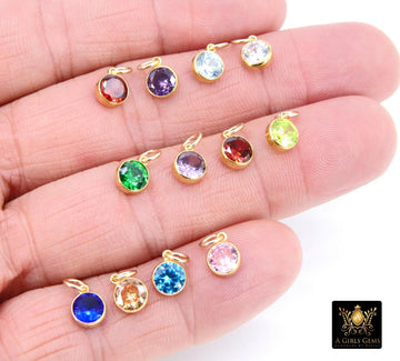14 K Gold Filled 6 mm CZ Birthstone Charms, Permanent Jewelry Charms, Pink, Blue, Emerald Green, Red